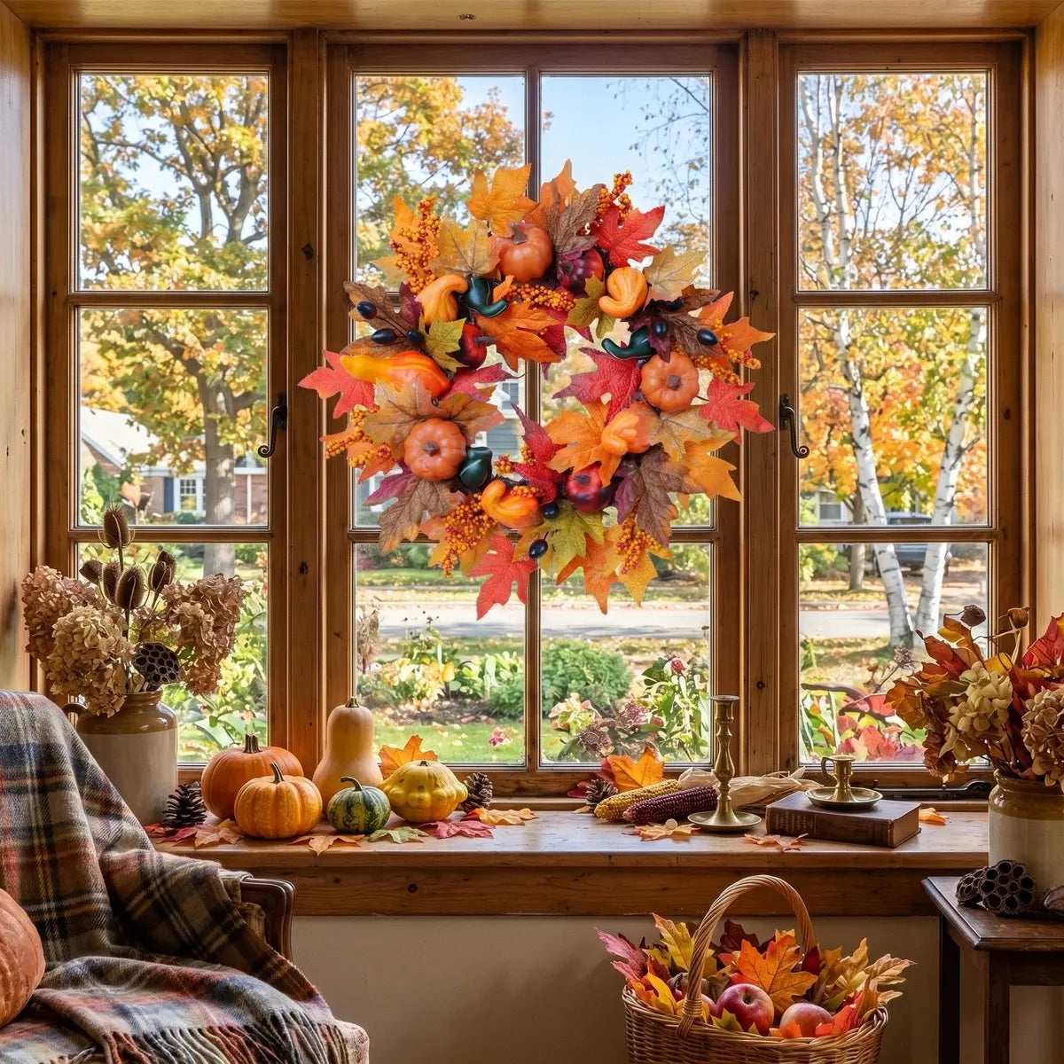 Fall harvest wreath with pumpkins and autumn leaves displayed on a window with warm interior lighting and fireplace