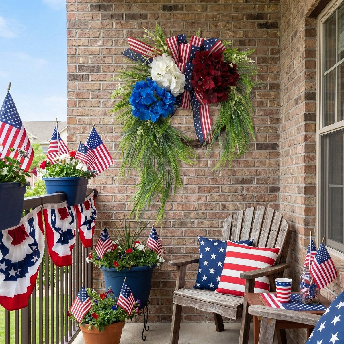 Patriotic Wreath Fourth of July Front Door Decor Red White Blue Hydrangea Wreath with Flag Bow Summer Holiday Wall Art for Home Porch