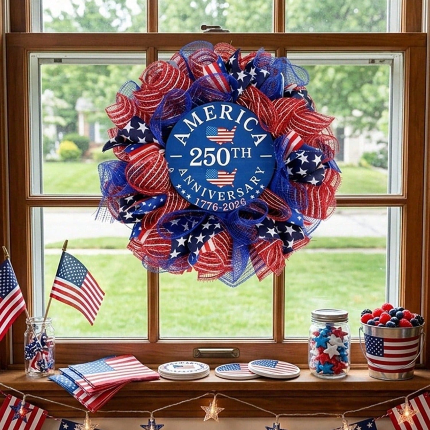 16" Patriotic Wreath for Front Door | 250th 4th of July Summer Outdoor Independence Day Decor