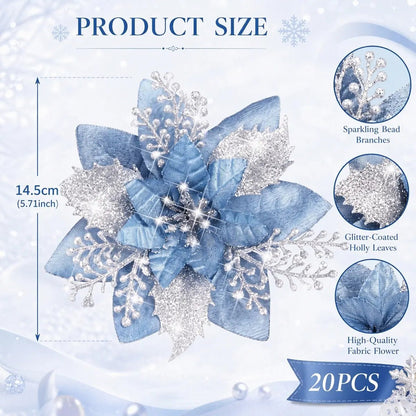 Light blue glitter artificial poinsettia pick product size chart showing 5.7 inch (14.5 cm) diameter, with close-up detail of silver glitter center stamens, layered light blue velvet petals with silver glitter edge trim, and built-in metal clip attachment on stem