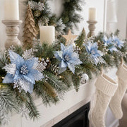 Light Blue Glitter Poinsettia Picks with Clips – Set of 20