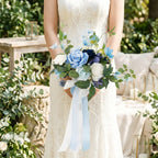 Dusty Blue & White Artificial Bridesmaid Bouquet with Ribbon | Wedding Ceremony Bridal