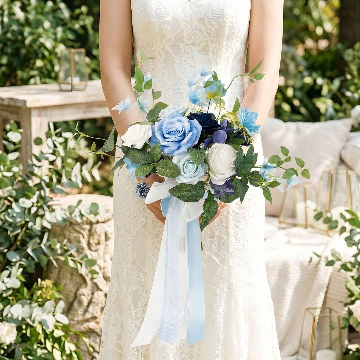 Dusty Blue & White Artificial Bridesmaid Bouquet with Ribbon | Wedding Ceremony Bridal