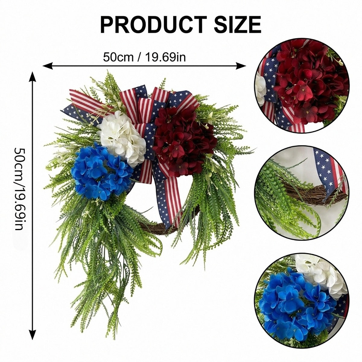 Patriotic Wreath Fourth of July Front Door Decor Red White Blue Hydrangea Wreath with Flag Bow Summer Holiday Wall Art for Home Porch