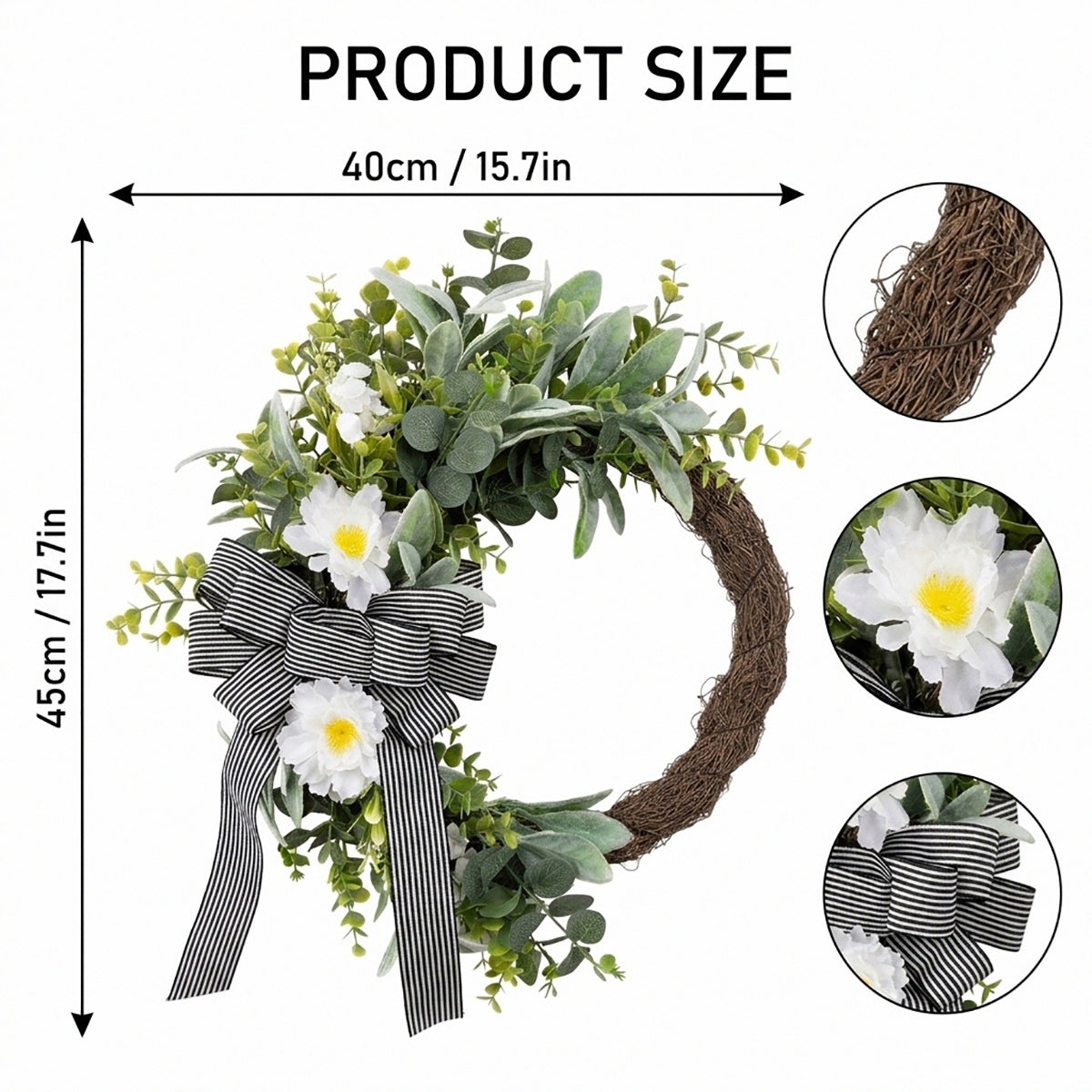Classic Black and White Striped Bow Wreath Faux Greenery and White Floral Door Hanger Modern Farmhouse Spring Summer Decor for Front Door Wedding and Party Backdrop