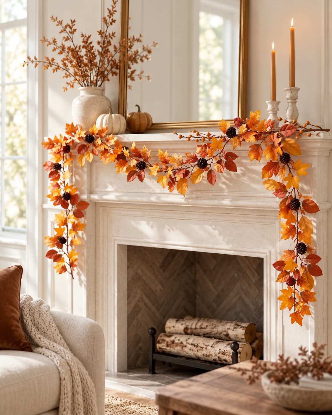 Artificial fall maple leaf garland with pinecones draped over white fireplace mantel, pumpkins and candles in cozy living room – IPOPU