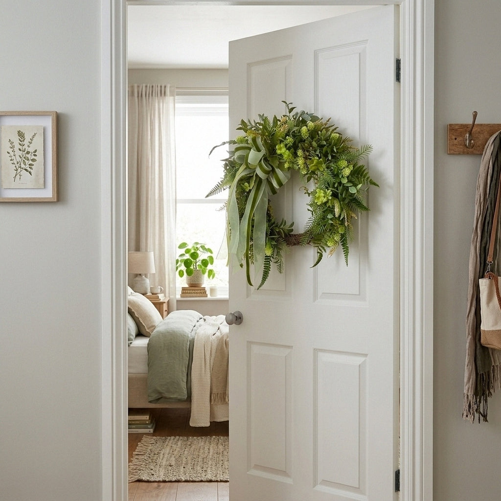 Artificial Greenery Wreath with Ribbon Bow, Rustic Farmhouse Spring Summer Wreath for Front Door Outdoor Porch Wall Home Decor