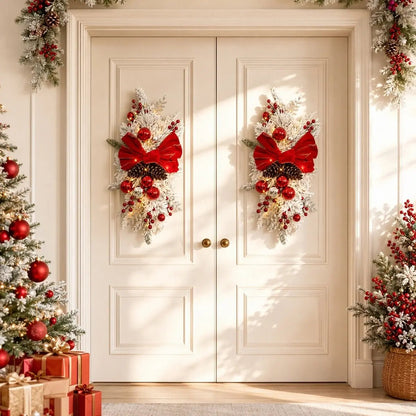 Red bow Christmas teardrop swag hanging on a white front door with holiday decor