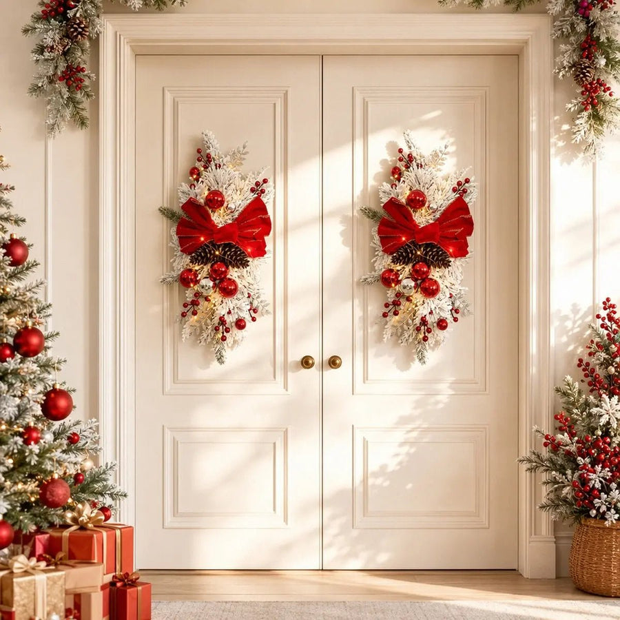 Pre-Lit Christmas Teardrop Swag with LED & Red Bow – 24in