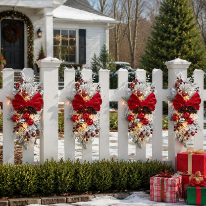Product size chart for pre-lit Christmas teardrop swag with red bow and ornaments