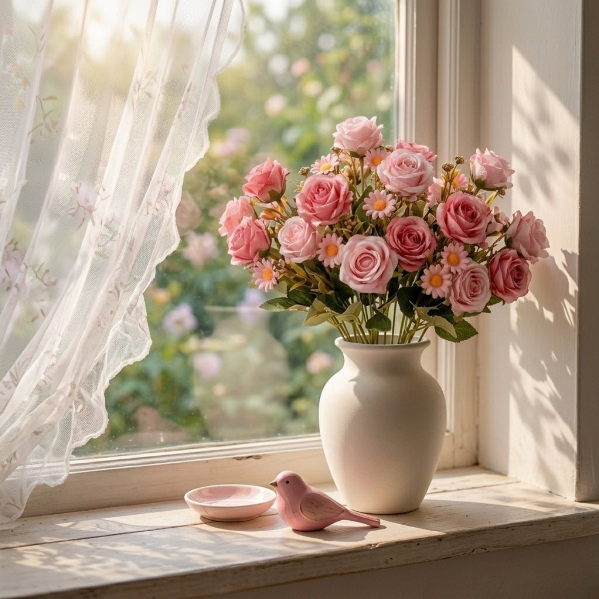 Detail of rose & daisy bouquet UV resistant 2pcs for 5 colors faux flower by IPOPU
