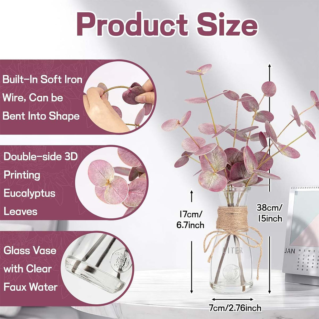 Artificial Eucalyptus Stems in Glass Vase with Faux Water | Faux Greenery for Bathroom Desk Shelf Coffee Table Decor