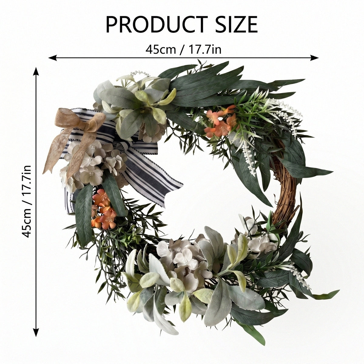 Modern Farmhouse Front Door Wreath with Hydrangea & Black White Striped Bow | Neutral Green Leaf Wall Art for Fall Winter Home Porch Decor