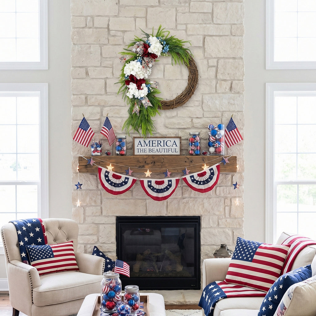 Patriotic Red White and Blue Wreath Fourth of July Front Door Decor Americana Stars Burlap Bow Summer Floral Wreath for Home Wall Party