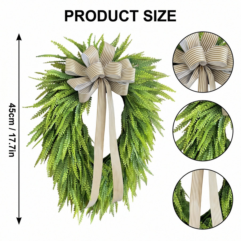 Artificial Fern Wreath with Striped Bow Green Foliage Door Wreath for Front Porch Home Wall Summer Spring Decor