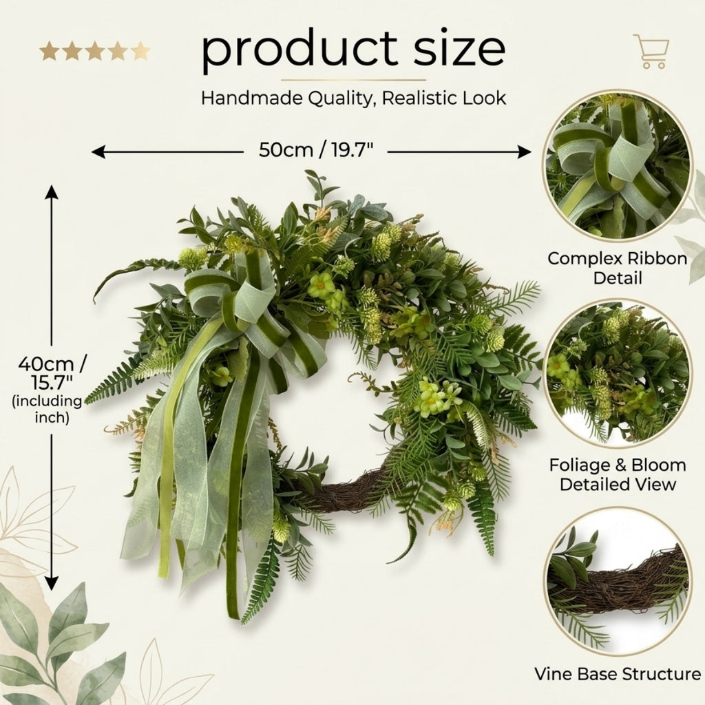Artificial Greenery Wreath with Ribbon Bow, Rustic Farmhouse Spring Summer Wreath for Front Door Outdoor Porch Wall Home Decor