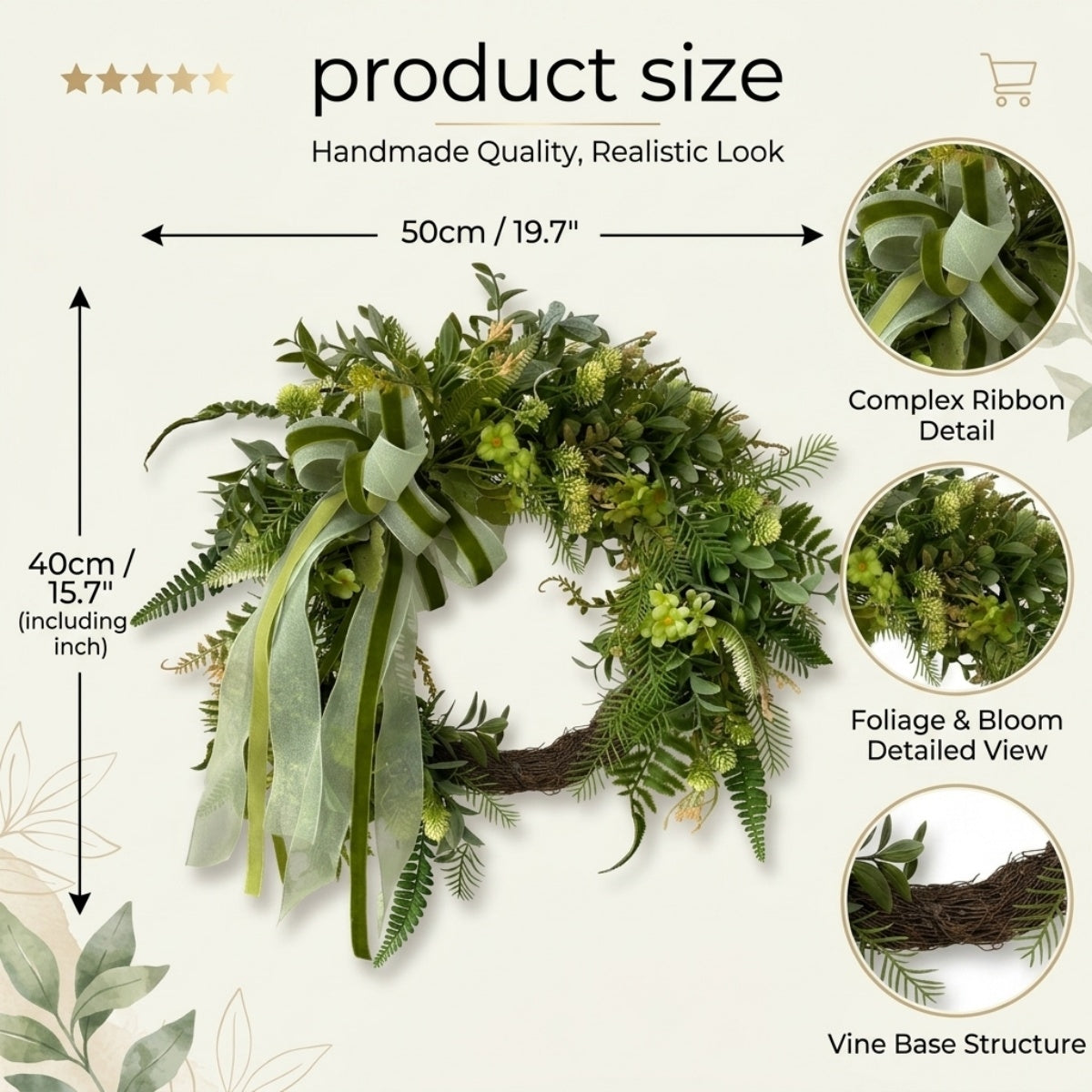 Artificial Greenery Wreath with Ribbon Bow, Rustic Farmhouse Spring Summer Wreath for Front Door Outdoor Porch Wall Home Decor