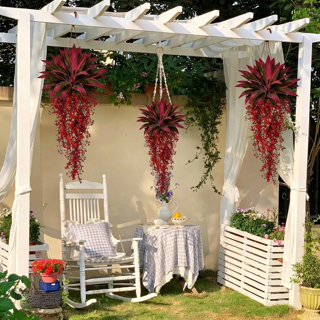 Artificial Red Ti Plant with Cascading Berry Bushes Fake Cordyline Fruticosa Polyester Tropical Leaves for Home Garden Patio Porch Wall Hanging Decor