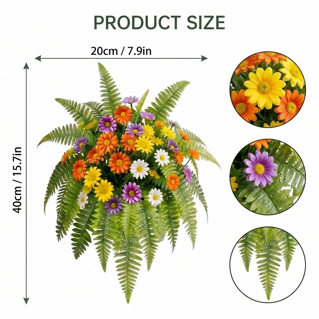 Close-up of lifelike daisy flower bouquet with fern leaves mixed for home garden table by IPOPU