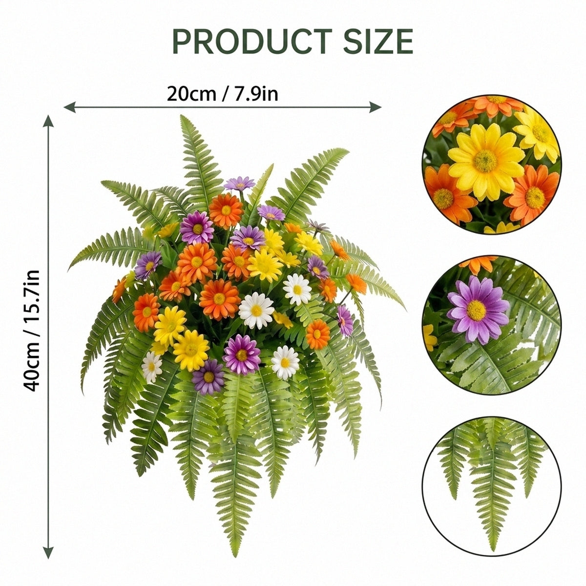 Artificial Daisy Flower Bouquet with Fern Leaves Mixed Colorful Gerbera Fake Floral Arrangement for Home Garden Table Centerpiece Wedding Party Decor