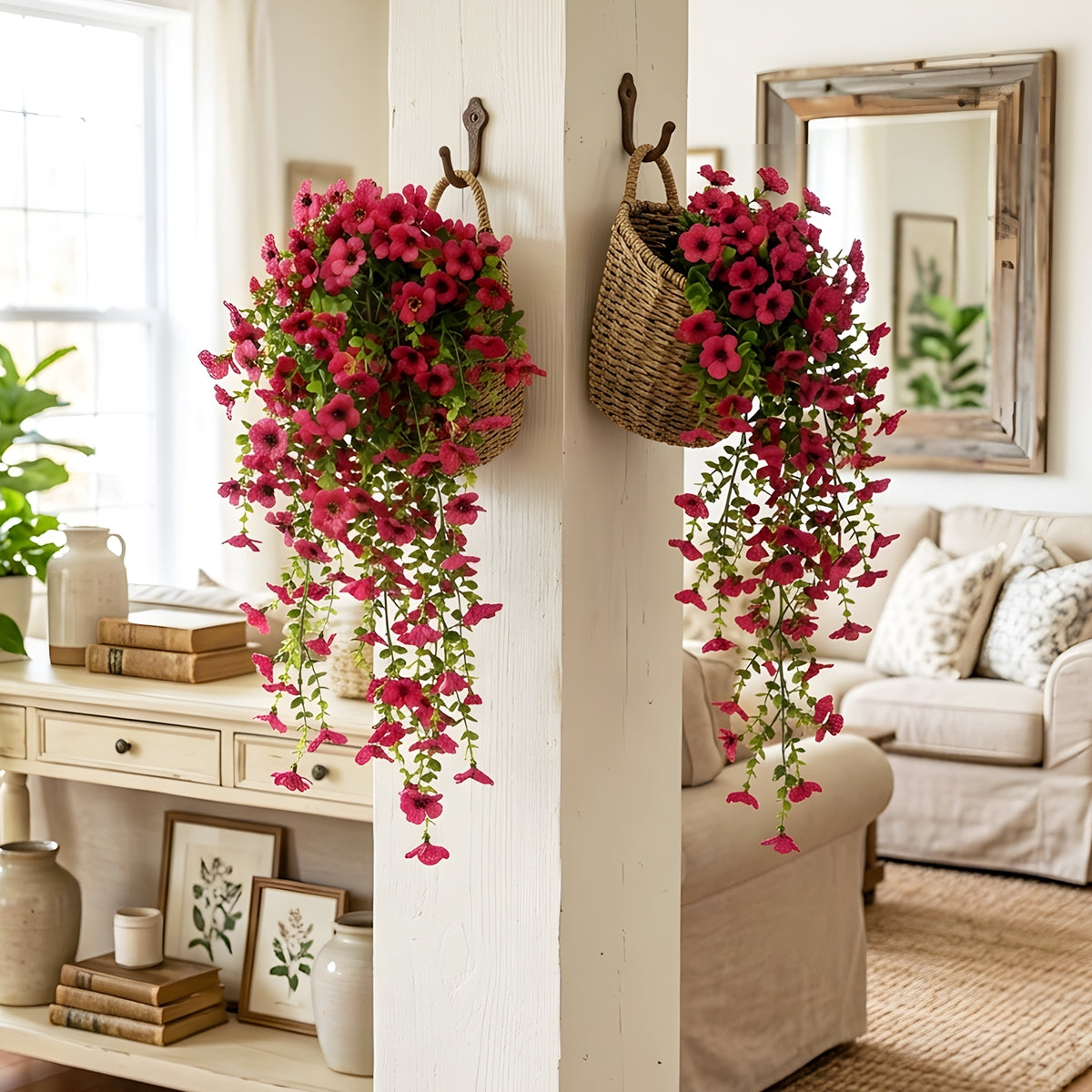 Artificial Hanging Flowers for Outdoors, Morning Glory Artificial Flowers with Eucalyptus Leaves, UV Resistant Fake Flower Realistic Faux Plants for Home Patio Porch Garden