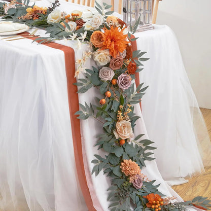 5.9FT Eucalyptus and Rose Vine Garland Styled as Wedding Table Runner with Orange Floral Accents
