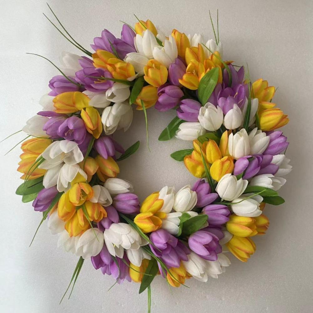 Artificial Door Wreath Spring Tulip Wreath for Front Door, Mothers Day Artificial Flower Wreaths with Pink Tulips for Wall Window Party Wedding Decor
