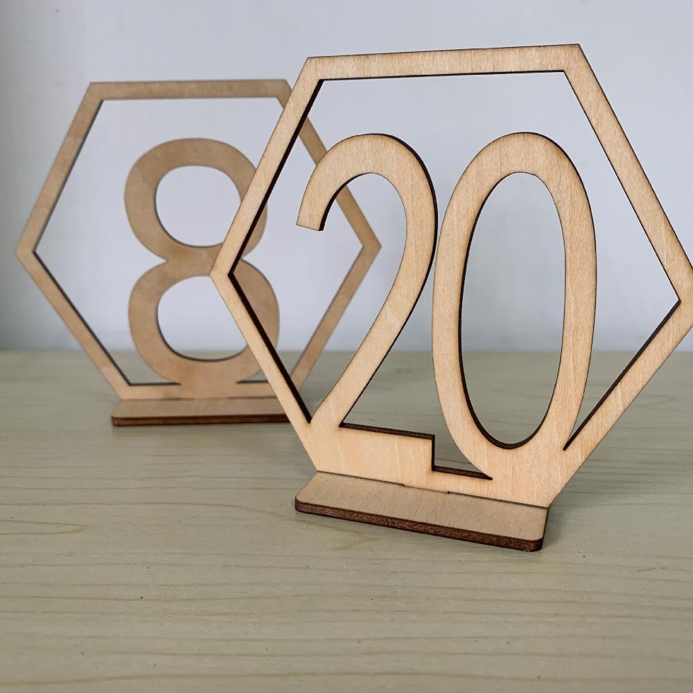Hexagon Wooden Table Numbers 1-20 with Holder Base | Rustic Wedding Reception Decor