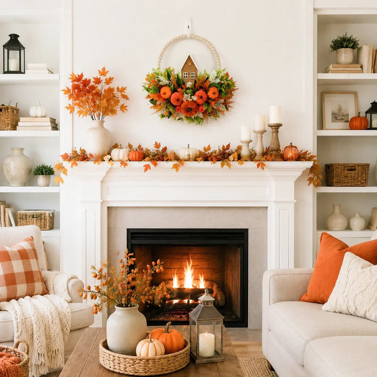 Autumn pumpkin fall wreath with berries displayed on a living room wall beside a lit fireplace with seasonal decor