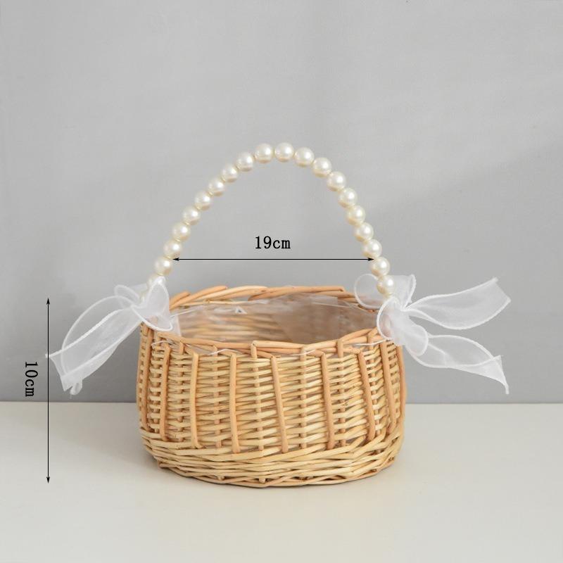 Wicker Wedding Flower Girl Basket with Pearl Handle & Ribbon Bow | Rustic Boho Handwoven Satin Ceremony & Picnic Basket