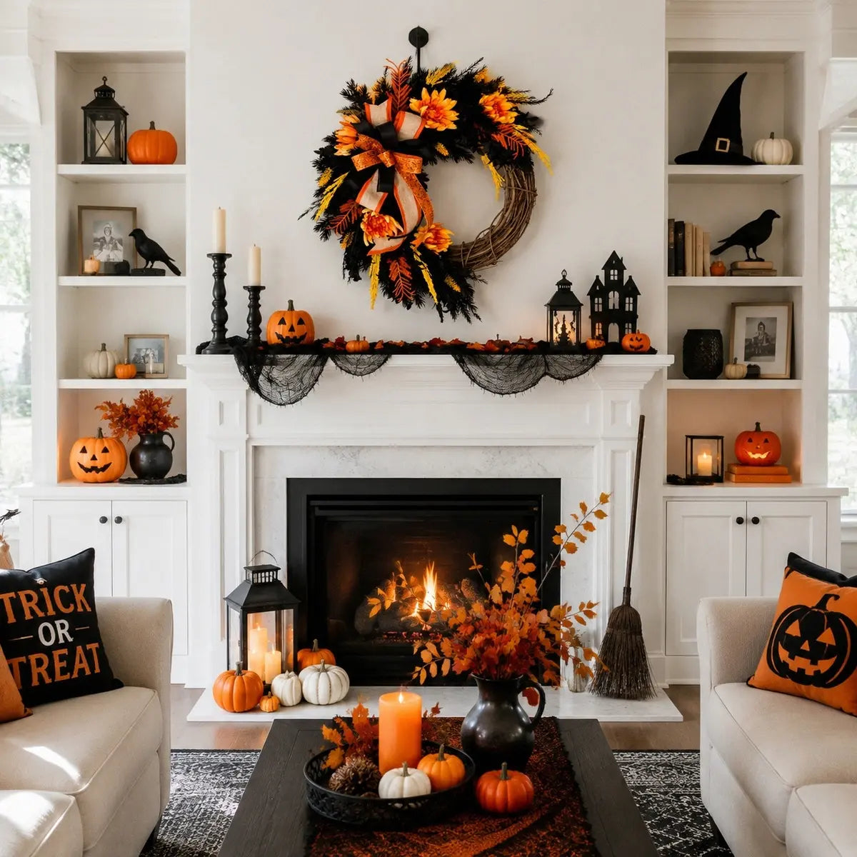 Halloween wreath with ghost design on a fireplace mantel with pumpkins and bat decorations