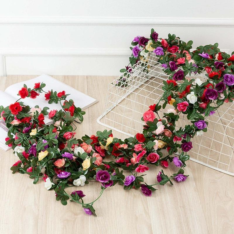 Artificial Rose Vine Hanging Garland with Green Leaves 5pcs | Wedding Birthday Christmas Wall Arch Party & Home Decor in 8 Colors