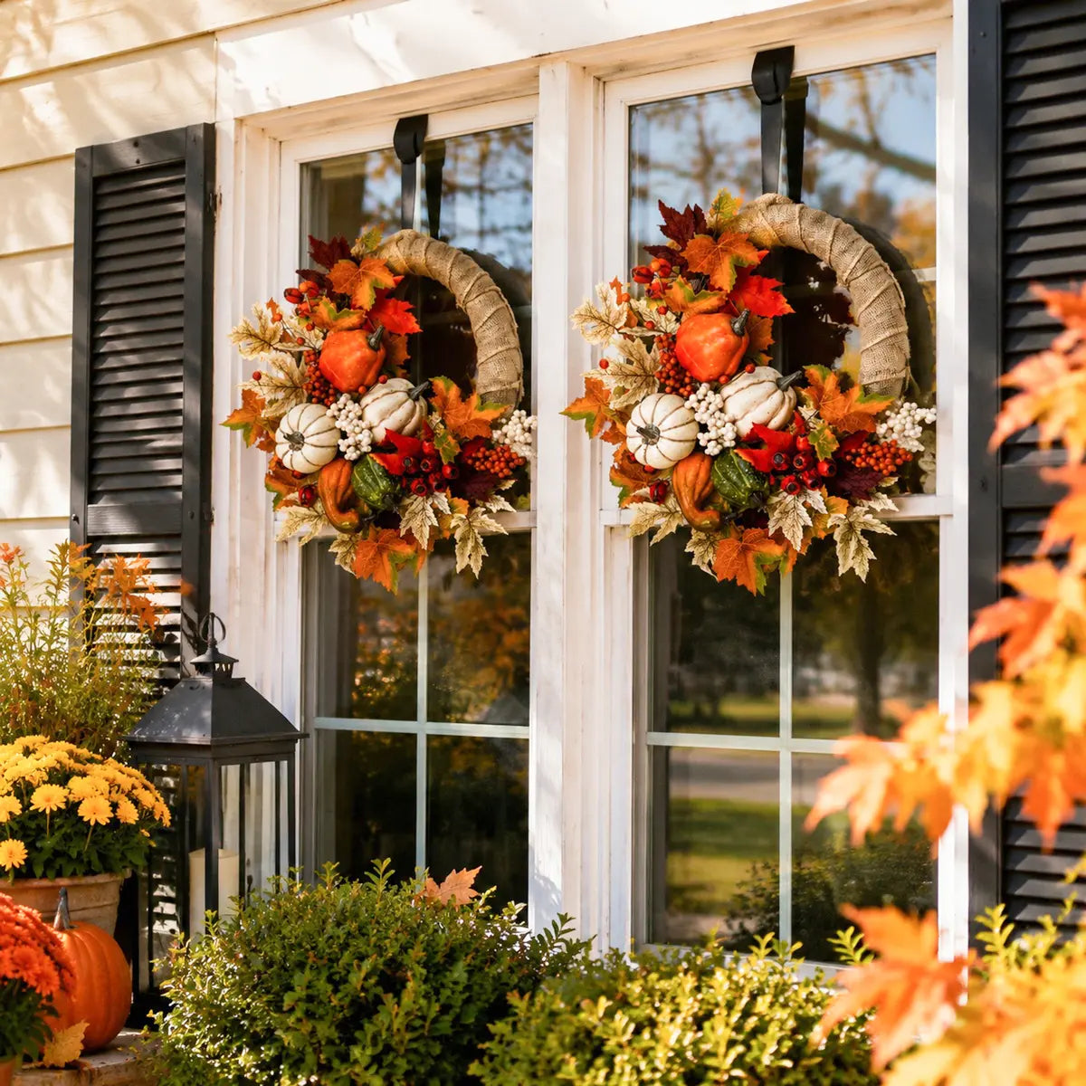 Fall harvest wreath with pumpkins and berries hanging on a white front door with potted chrysanthemums and autumn porch decor