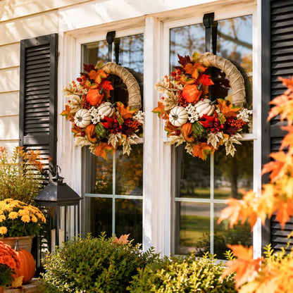 Fall harvest wreath with pumpkins and berries hanging on a white front door with potted chrysanthemums and autumn porch decor