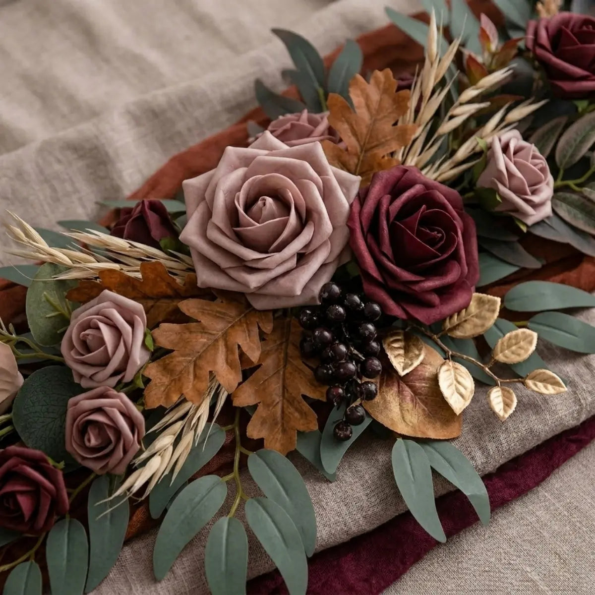 Close-Up of Black Maroon Artificial Rose and Eucalyptus Garland – Gothic Floral Swag Detail
