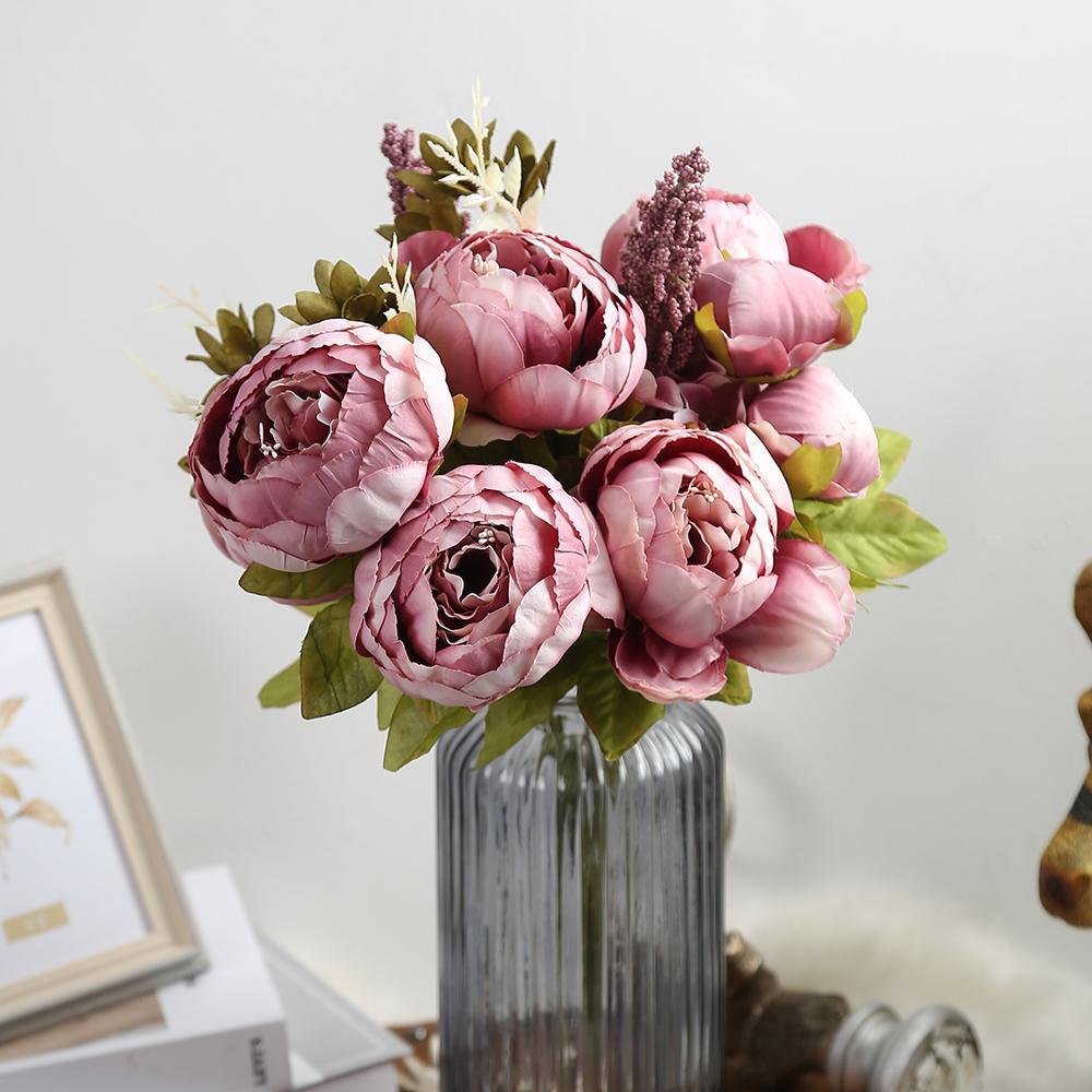 Vintage Artificial Peonies and Hydrangeas Bouquet | Wedding Bridal Centerpiece & Home Decor in Pink Purple Blue White 8 Colors