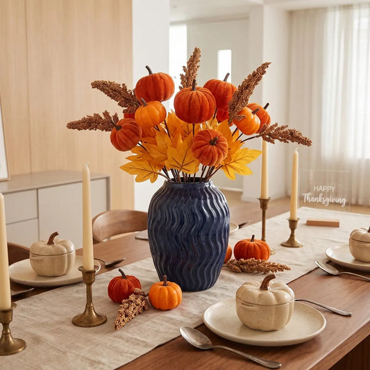 6PCS artificial autumn pumpkin berry maple stem picks arranged in a navy blue ribbed ceramic vase as a Thanksgiving dining table centerpiece with white pillar candles, brass candlesticks, mini orange and white pumpkins, and linen table runner