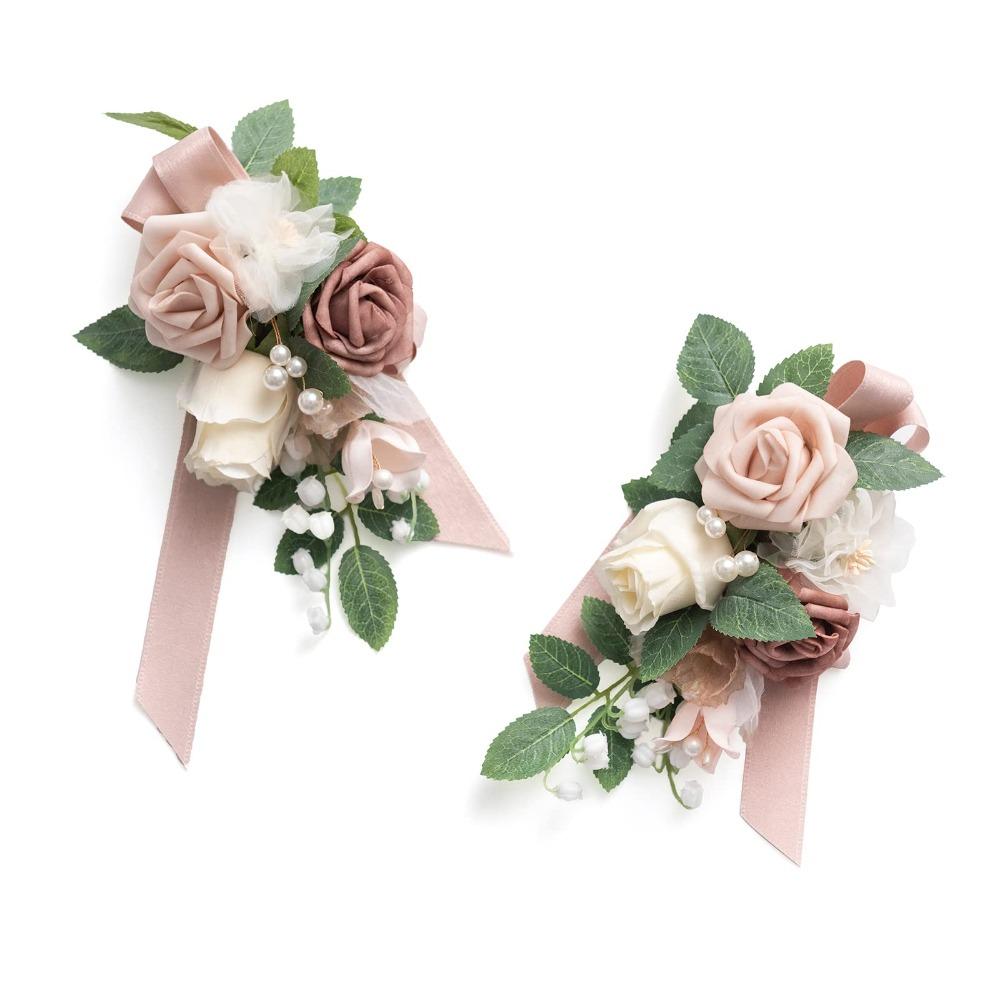 Artificial Flower Corsage Set 2pcs | Wedding Prom Homecoming Graduation Mother Daughter Shoulder & Wristlet in 10 Colors