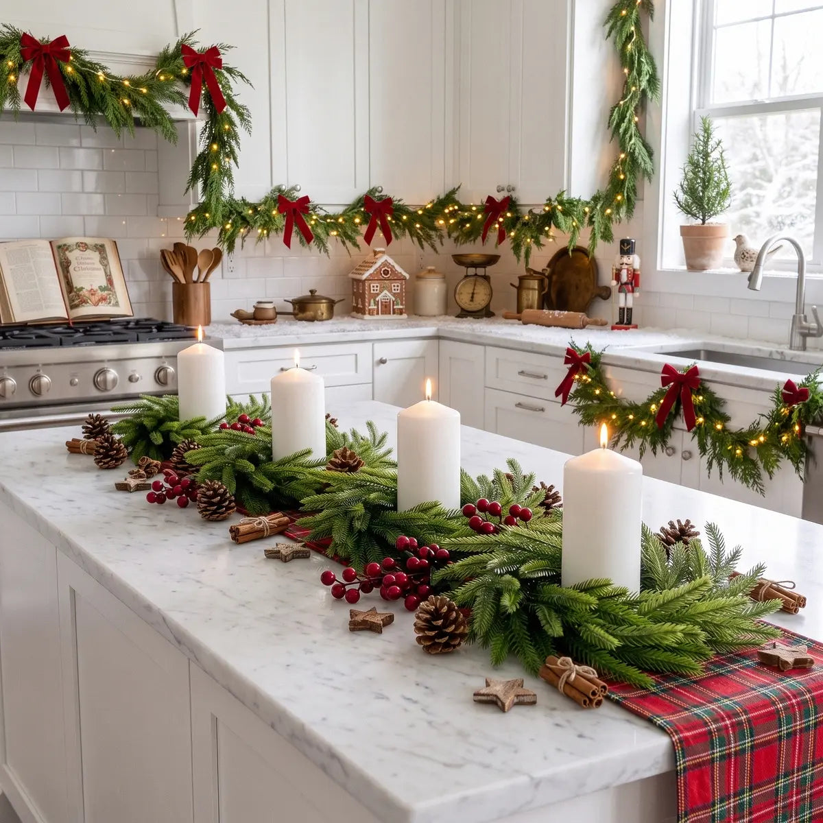 Four Norfolk pine candle ring wreaths arranged as a kitchen island centerpiece with white pillar candles, red berries, pine cones and cinnamon sticks, in a fully decorated Christmas farmhouse kitchen
