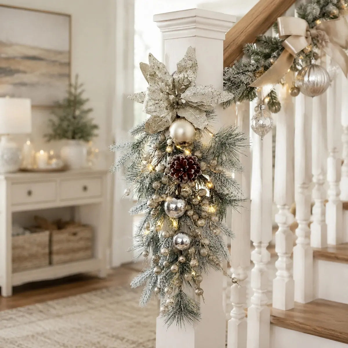 Gold Christmas Poinsettia Swag Wreath Hung on Staircase Banister – Indoor Holiday Decor
