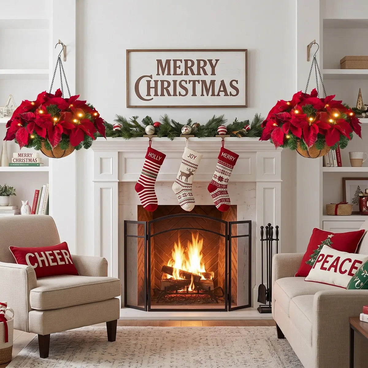 Pre-Lit Artificial Poinsettia Hanging Basket Displayed Above Fireplace Mantel for Christmas Decor
