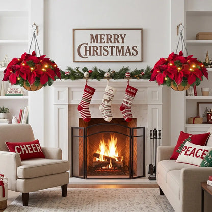 Pre-Lit Artificial Poinsettia Hanging Basket Displayed Above Fireplace Mantel for Christmas Decor
