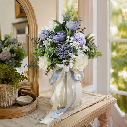 Artificial dusty purple rose and white anemone bouquet with grey satin ribbon displayed on farmhouse console table by arched mirror – IPOPU
