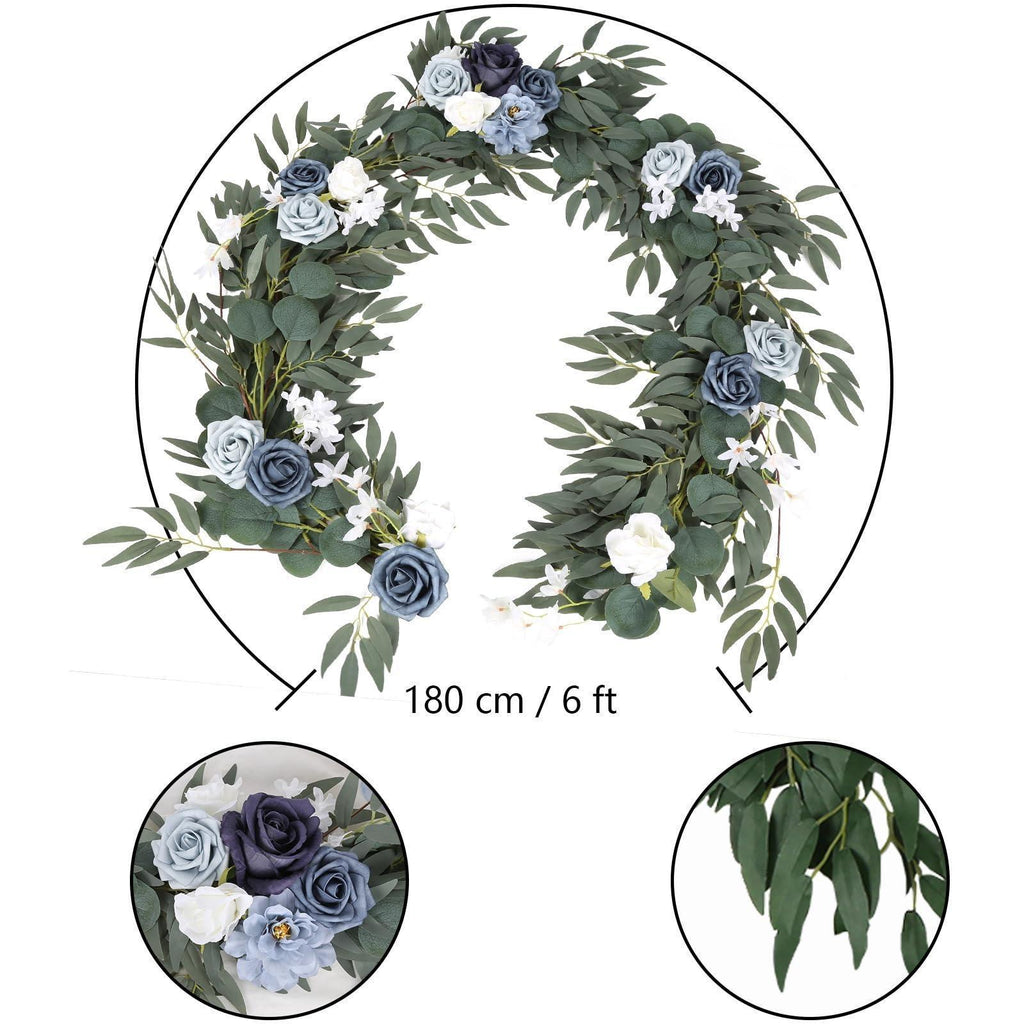 Artificial Eucalyptus Willow Leaf Garland with White Flowers | Wedding Table Runner Backdrop Party & Home Decor in Orange Red Blue White