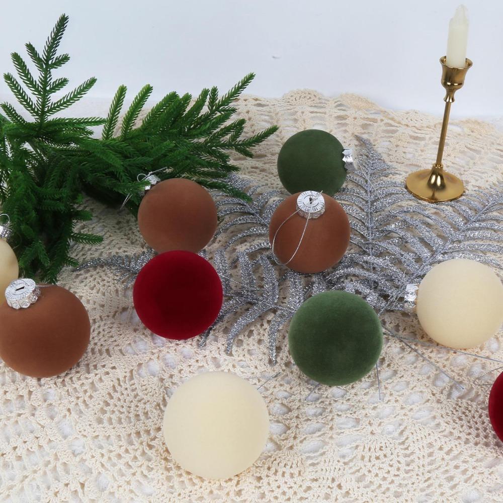 Velvet Christmas Ball Ornaments Bulk Shatterproof 3.15 Inch | Flocked Xmas Tree Hanging Decorations in Brown Green Wine Red White