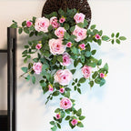 Artificial Flower Rattan Wall Hanging | Boho Floral Wall Decor for Living Room Bedroom & Entryway in Red Champagne