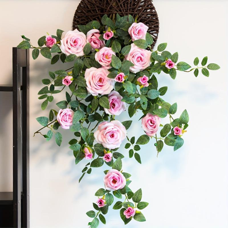 Artificial Flower Rattan Wall Hanging | Boho Floral Wall Decor for Living Room Bedroom & Entryway in Red Champagne