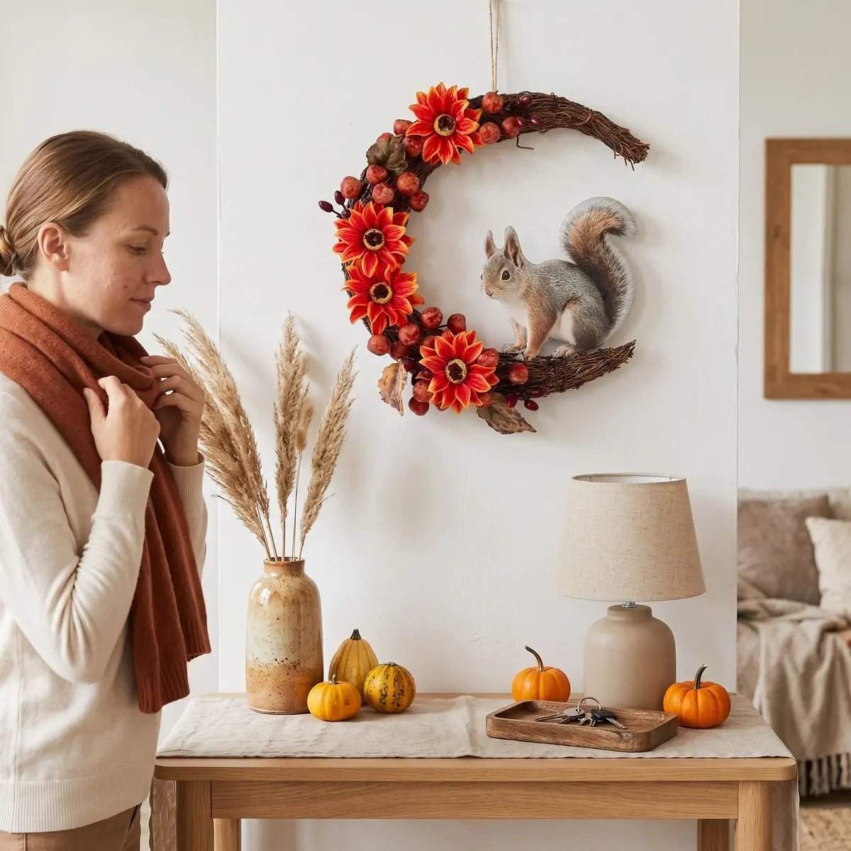 Fall Harvest Wreath with Squirrel | Faux Maple Leaves, Pumpkins, Acorns & Sunflower for Farmhouse Thanksgiving Decor