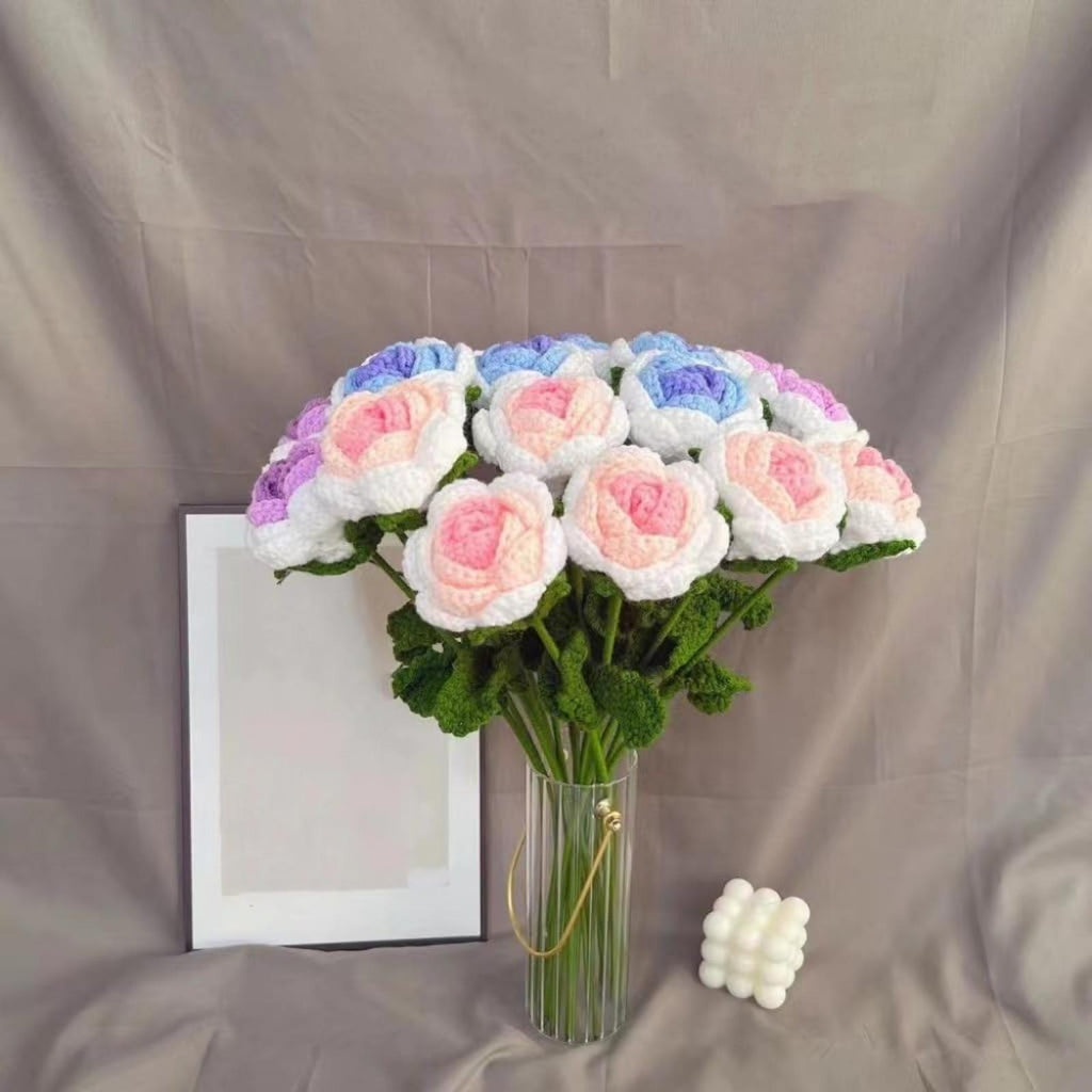 Handmade Crochet Rose Bouquet Set of 6 | Cotton Flower Gift for Valentine's Day Birthday Home Decor in Purple Pink Blue