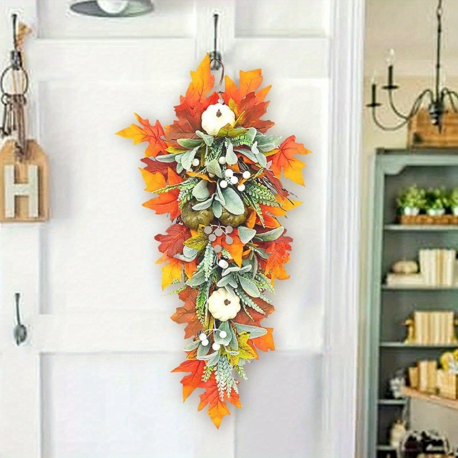 Artificial Sunflower Pumpkin Maple Leaf Door Swag | Autumn Fall Front Door Porch Mantel & Christmas Outdoor Decor